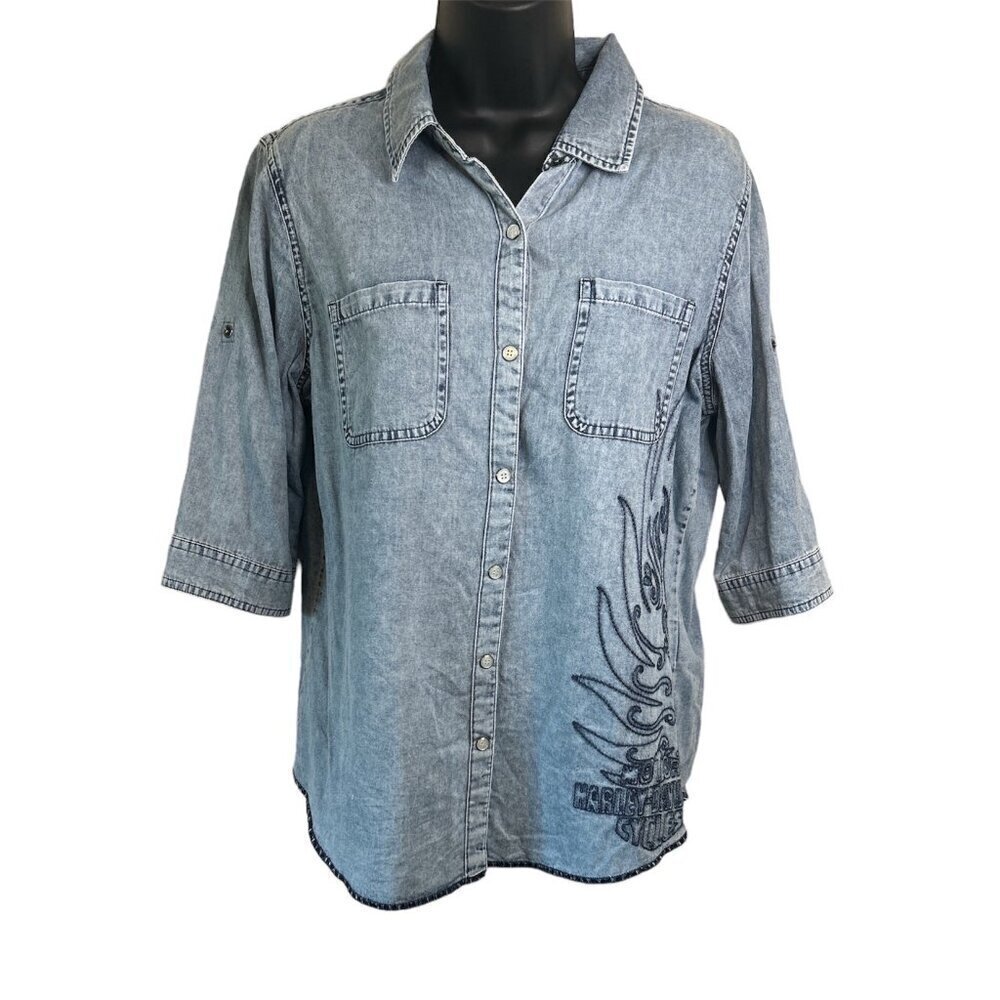 Harley Davidson Embroidered Denim Snap Front Collared Shirt Size Medium